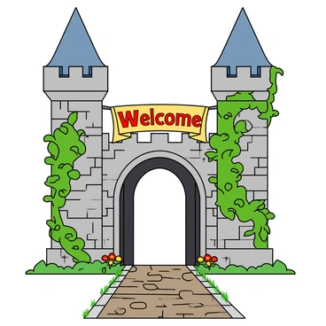 A large, ornate castle gate made of stone, featuring intricate carvings and tall arched entrances. The gate is flanked by two majestic towers with pointed roofs. A colorful, whimsical banner hangs above the gate, displaying the word "Welcome" in playful lettering. Ivy climbs up the sides of the gate and wraps around the towers, with vivid green leaves peeking out. The ground is adorned with a path made of cobblestones that leads up to the gate, surrounded by small flowers in various colors.