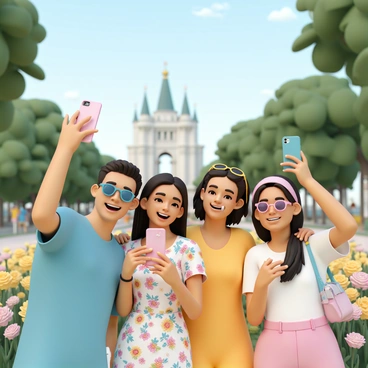 A group of five friends is standing close together, smiling and posing for selfies. They are outdoors at a famous landmark, with notable architectural features visible in the background. The friends are wearing colorful summer outfits, including a blue t-shirt, a floral dress, a yellow tank top, and sunglasses. The vibrant scenery features lush green trees, blooming flowers, and a clear blue sky. Each friend holds a smartphone, capturing the moment, while one of them is playfully making a funny face. The atmosphere is lively and cheerful, reflecting their enjoyment of the day together.