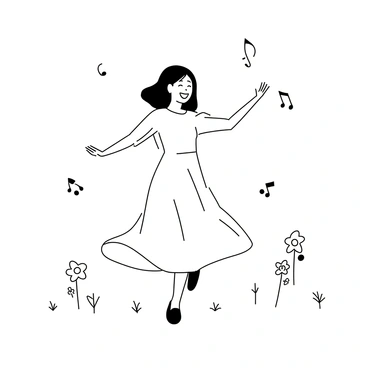A person named Lou, wearing a light, flowing dress, is dancing joyfully in a vast field filled with various types of flowers. Lou is in mid-spin, with arms outstretched, showcasing a broad smile. Musical notes are represented as simple, swirling lines, floating around Lou, creating a sense of movement and rhythm in the scene. The flowers vary in shape and size, dotting the landscape around Lou, adding depth to the composition.
