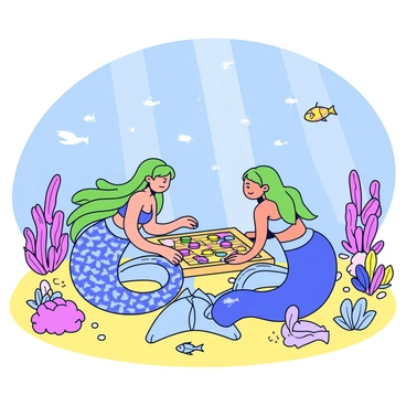 Two mermaids are sitting on a vibrant coral reef at the ocean floor. One mermaid has long flowing green hair, while the other has a shimmering blue tail. They are focused on a backgammon board placed between them, which features intricate designs and colorful game pieces. The surrounding water is filled with small fish swimming by, and rays of sunlight filter through the water above, casting soft patterns on the sandy ocean floor. Colorful sea plants sway gently in the current nearby.