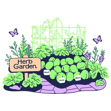 An abundant herb garden features neatly arranged rows of various aromatic plants. The plants include basil, rosemary, thyme, and mint, each with distinct leaves and textures. In the foreground, there is a wooden sign labeled "Herb Garden." A few butterflies can be seen fluttering among the plants, while a stone pathway winds through the garden. The sunlight casts gentle shadows, enhancing the greenery of the plants. Small pots with labels are placed along the rows, indicating the names of the herbs. In the background, a vibrant green trellis supports climbing plants.