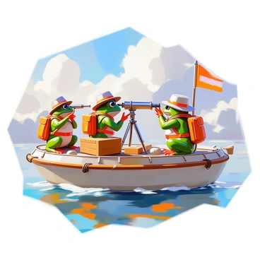 A group of frogs, each wearing small explorer outfits complete with tiny hats and backpacks, are aboard an airship. They are peering through small telescopes, intently scanning the horizon. The airship's deck is adorned with ropes and wooden crates, and the sky is filled with fluffy clouds. One frog is adjusting its telescope while another is excitedly pointing at a distant mountain range. The airship is sailing smoothly, and the frogs appear enthusiastic about their adventure.
