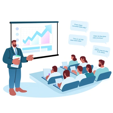 A broker stands at the front of a spacious auditorium, engaging a group of attentive students who are seated at desks in rows. The broker is dressed in a professional suit, holding a stack of colorful brochures about finance. Behind the broker, a large presentation screen displays a chart illustrating financial growth. The students are taking notes on their laptops and are listening intently. Various motivational quotes are visible on posters around the room, conveying messages about the importance of financial literacy and career opportunities in finance.