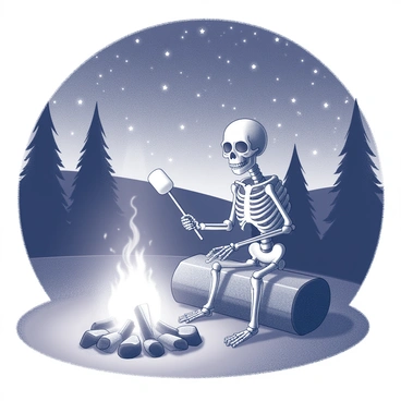 A skeleton sits on a log, holding a long stick with a marshmallow at the end. The campfire before it crackles and glows, casting flickering shadows on the surrounding area. The skeleton's bony fingers grip the stick firmly as it carefully toasts the marshmallow over the flames. Above, a clear night sky sparkles with numerous stars, creating a beautiful backdrop. The silhouettes of trees frame the scene, enhancing the atmosphere of a calm night in the outdoors.