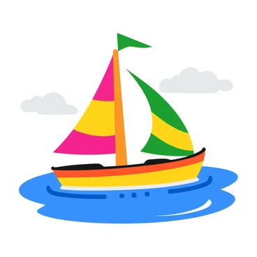 A boat with colorful CPF sails is sailing smoothly across a calm lake. The sails are billowing in the wind, displaying vibrant patterns. The boat's hull is painted in bright colors, contrasting with the deep blue water. Gentle ripples form around the boat as it glides, while a few fluffy white clouds float above in the clear sky.