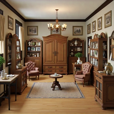 An antique store with wooden floorboards and soft lighting. The store is filled with various pieces of vintage furniture, including a tall, ornate wooden wardrobe, a quilted armchair, and a decorative side table with intricate carvings. Shelves are lined with curios for sale, such as porcelain figurines, old books with worn covers, and glass vases. The walls are adorned with framed vintage photographs and paintings, adding to the nostalgic atmosphere. A rustic chandelier hangs from the ceiling, casting warm light over the eclectic collection.