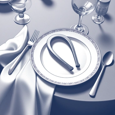 A wishbone positioned centrally on a fine china plate. The plate has intricate designs around the edge, adding a touch of elegance. The setting includes an ornate tablecloth draped across a polished wooden table. There are silver utensils arranged neatly beside the plate, and delicate glassware reflecting soft light. The overall presentation conveys a sense of sophistication and celebration.