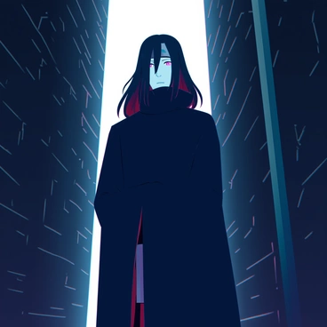 A figure of Itachi, with long black hair flowing down, stands in an alleyway. He is depicted wearing a dark cloak that blends seamlessly into the shadows surrounding him. His expression is serious, eyes fixed forward, with only his "Sharingan" glowing vividly in the darkness. The alley is narrow, lined with crumbling brick walls that enhance the sense of concealment. Dim light casts sharp contrasts, emphasizing the faint outlines of the surroundings while Itachi remains partially obscured, creating a tense atmosphere.