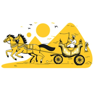 An ancient Egyptian chariot being pulled by two strong horses galloping rapidly across the desert sands. The chariot is ornately designed with intricate carvings and is adorned with decorative elements. A skilled charioteer, dressed in traditional ancient Egyptian attire, is gripping the reins tightly, focused on the race. In the background, tall sand dunes rise up under a bright sun, with wisps of sand swirling around from the movement of the chariot and horses. A flock of birds can be seen in the sky above, adding to the dynamic scene.