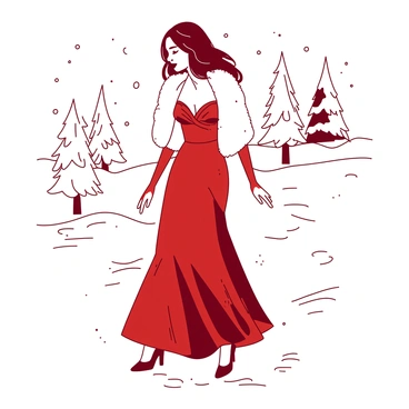 A woman is walking through a snowy landscape, wearing a red evening gown that flows elegantly to the ground. The gown has a fitted bodice and delicate details that catch the light. Over her shoulders, she has a white luxurious fur wrap that adds warmth to her outfit. Snowflakes gently fall around her, and her heels leave delicate prints in the fresh snow. In the distance, snow-covered trees create a serene backdrop, enhancing the winter atmosphere.