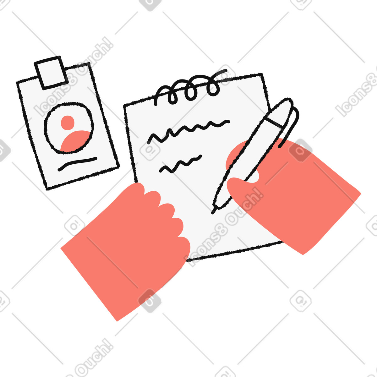 Ilustração de Office note taking on spiral pad with staff identification card em no estilo Bold People para baixar em PNG, SVG