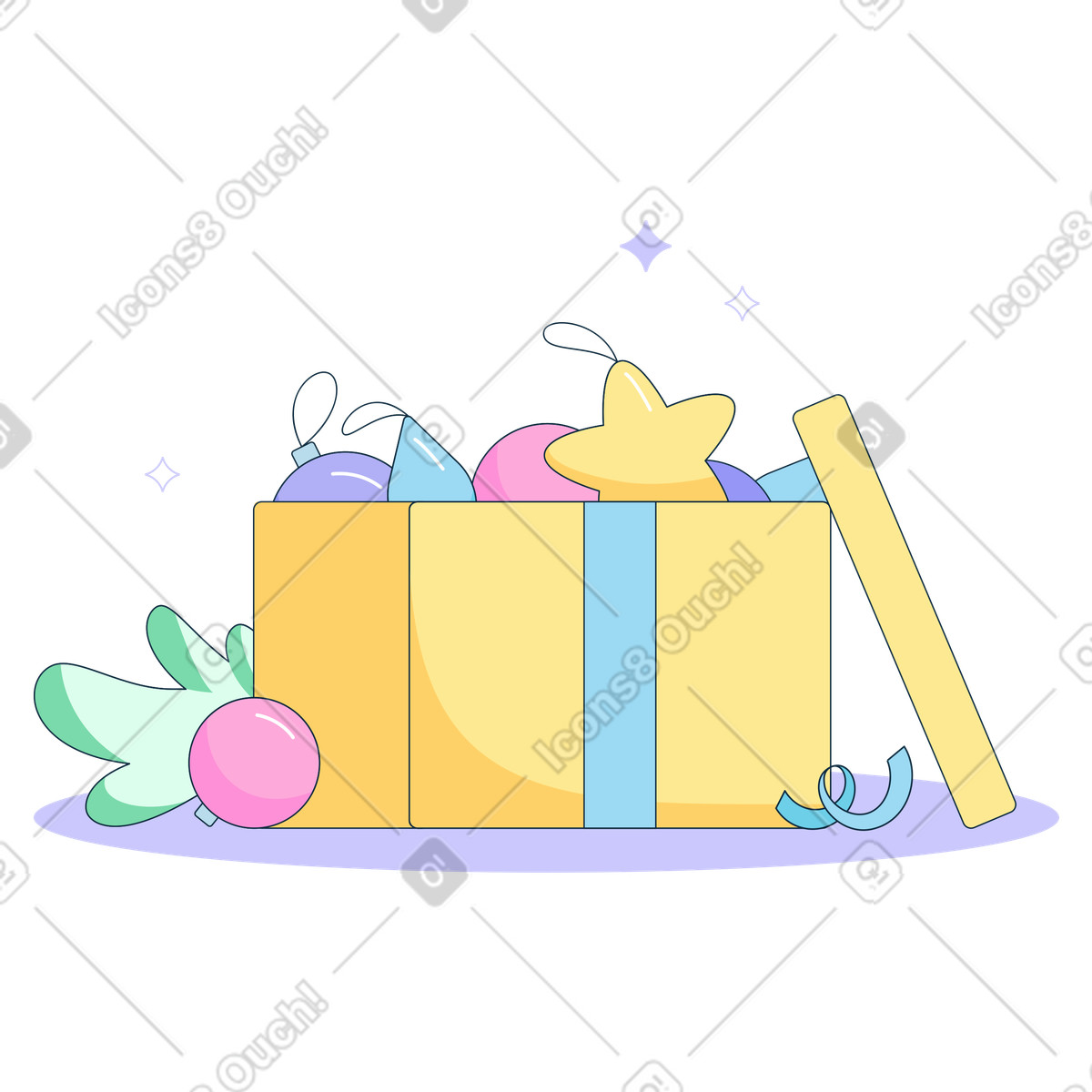 Box with Christmas ornaments and fir tree branch illustration in Bubble gum style download in PNG, SVG