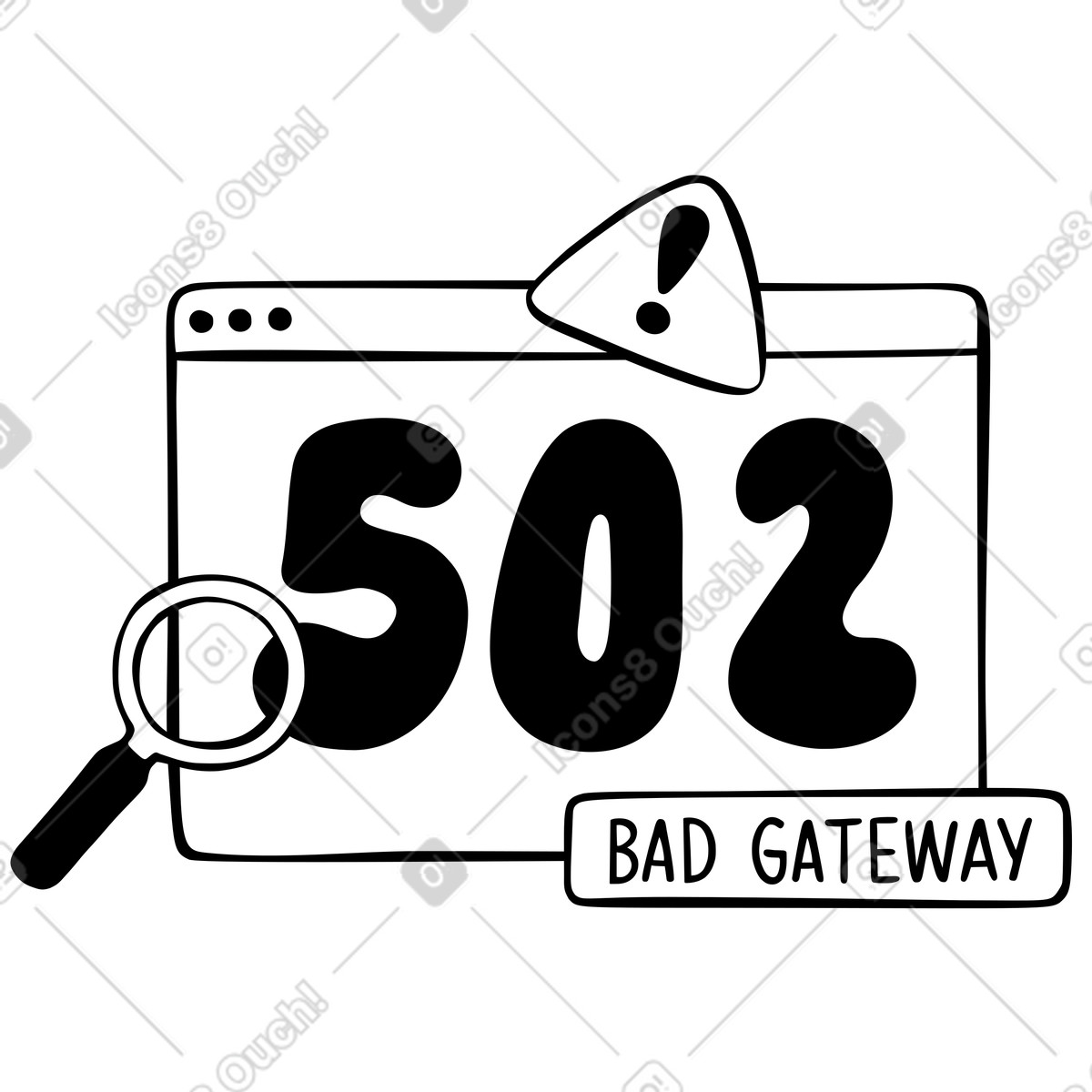 Ilustración Error 502 puerta de enlace defectuosa con lupa en estilo Journal a descargar en PNG y SVG