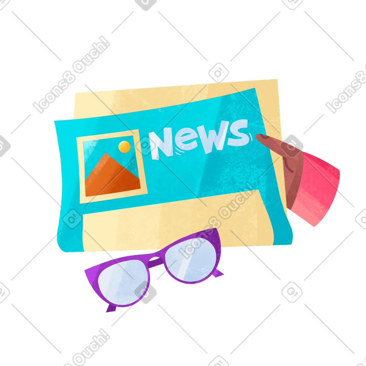 Hand holding newspaper and glasses illustration in Bonbon style download in PNG, SVG