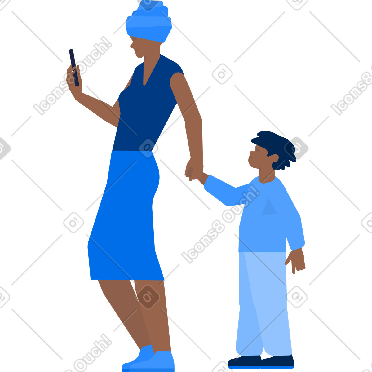 African mother with smartphone in her hand holds child s illustration Urban style download PNG, SVG