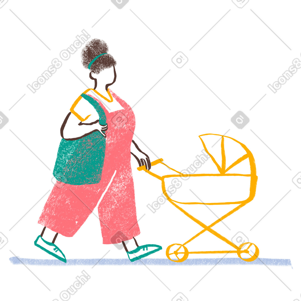 下载 Company 风格的 Mother walking with a baby stroller 插画，支持 PNG、SVG 格式