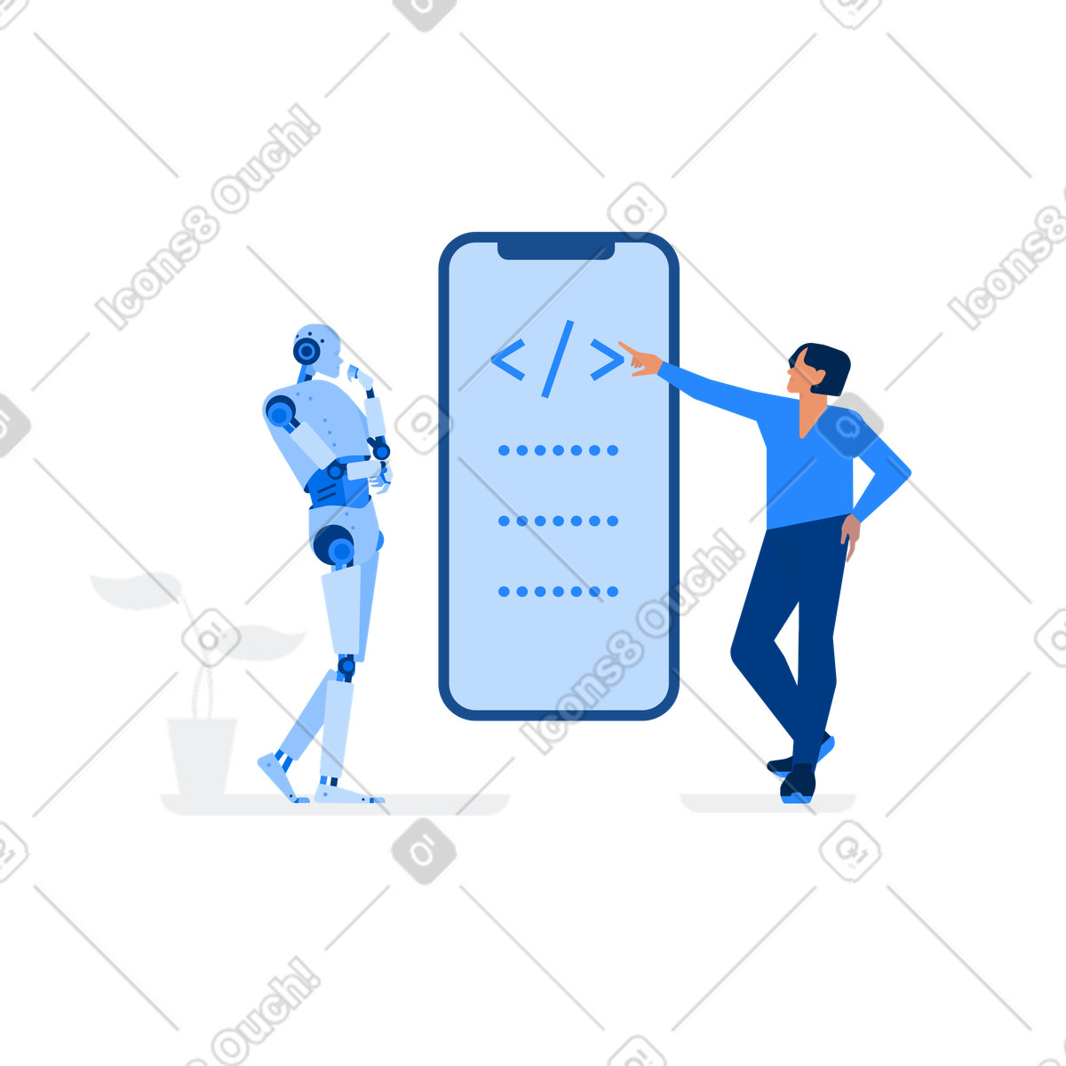 Man teaches UX programming to an android robot illustration in Urban style download in PNG, SVG