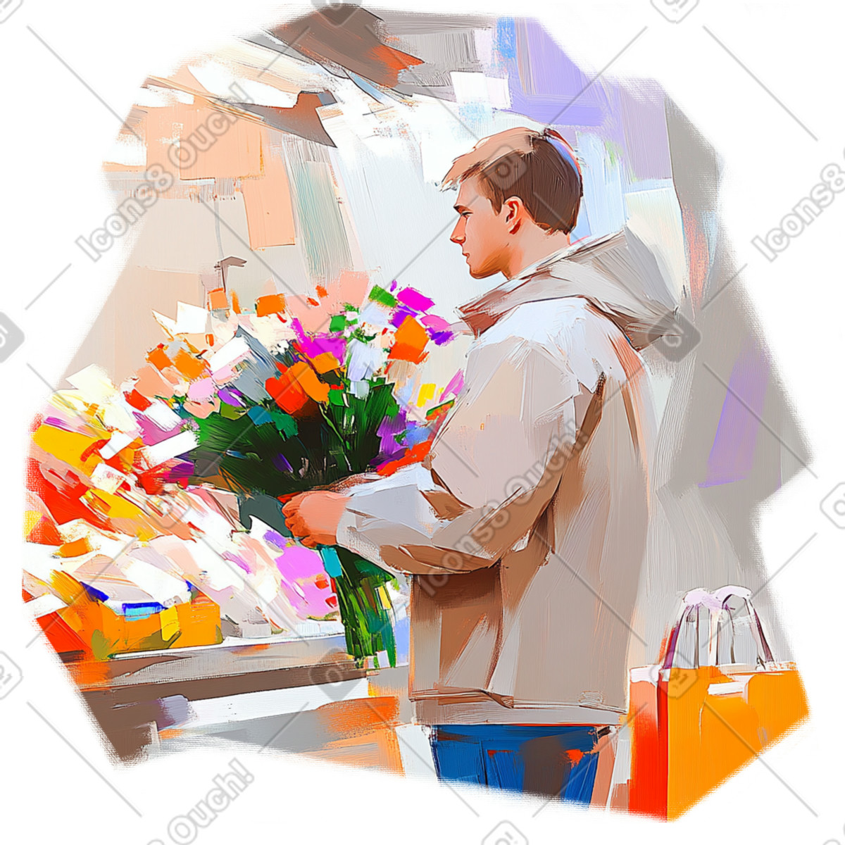 Illustration Peinture à l'huile d'un homme achetant des fleurs dans le style Pictorial télécharger aux formats PNG, SVG
