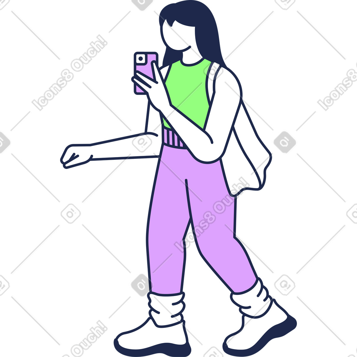 Frau mit taschen und einem mobiltelefon in der hand-Illustration im Outline-Stil als Download PNG, SVG