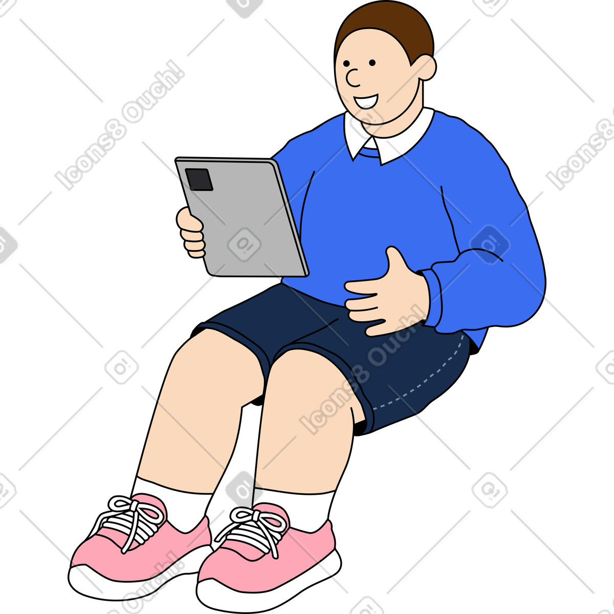 Junger mann der ein tablet hält-Illustration im Kindy-Stil als Download in PNG, SVG