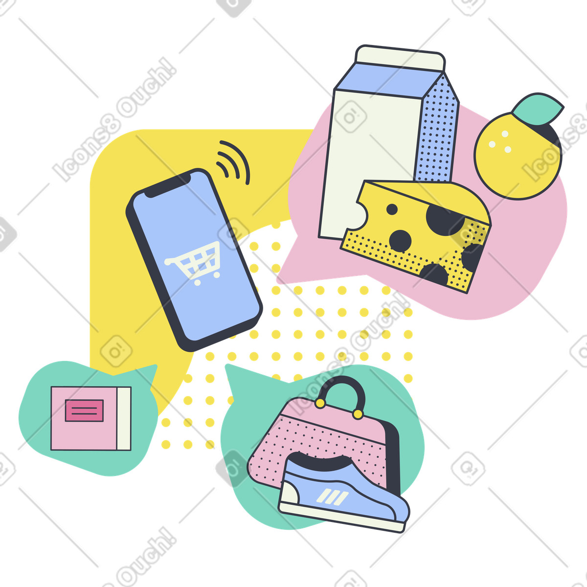Illustration Utiliser une application d'achat sur un smartphone dans le style Abstract à télécharger aux formats PNG, SVG