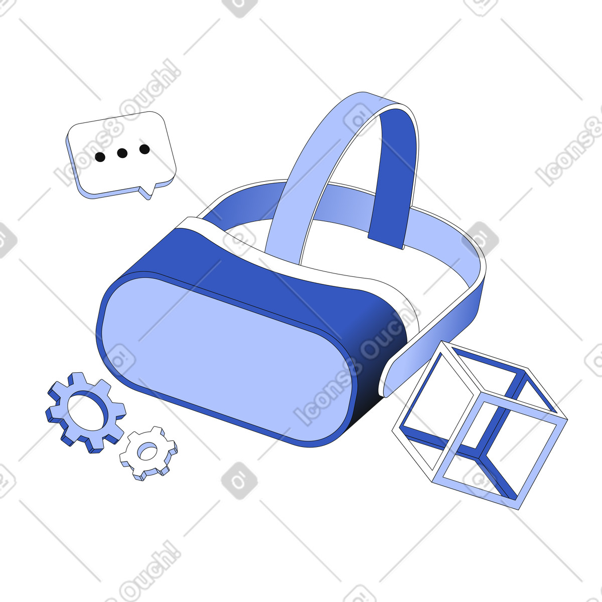 下载 Techny 风格的 VR headset with cube and gears, Development of immersive content 插画，支持 PNG、SVG 格式