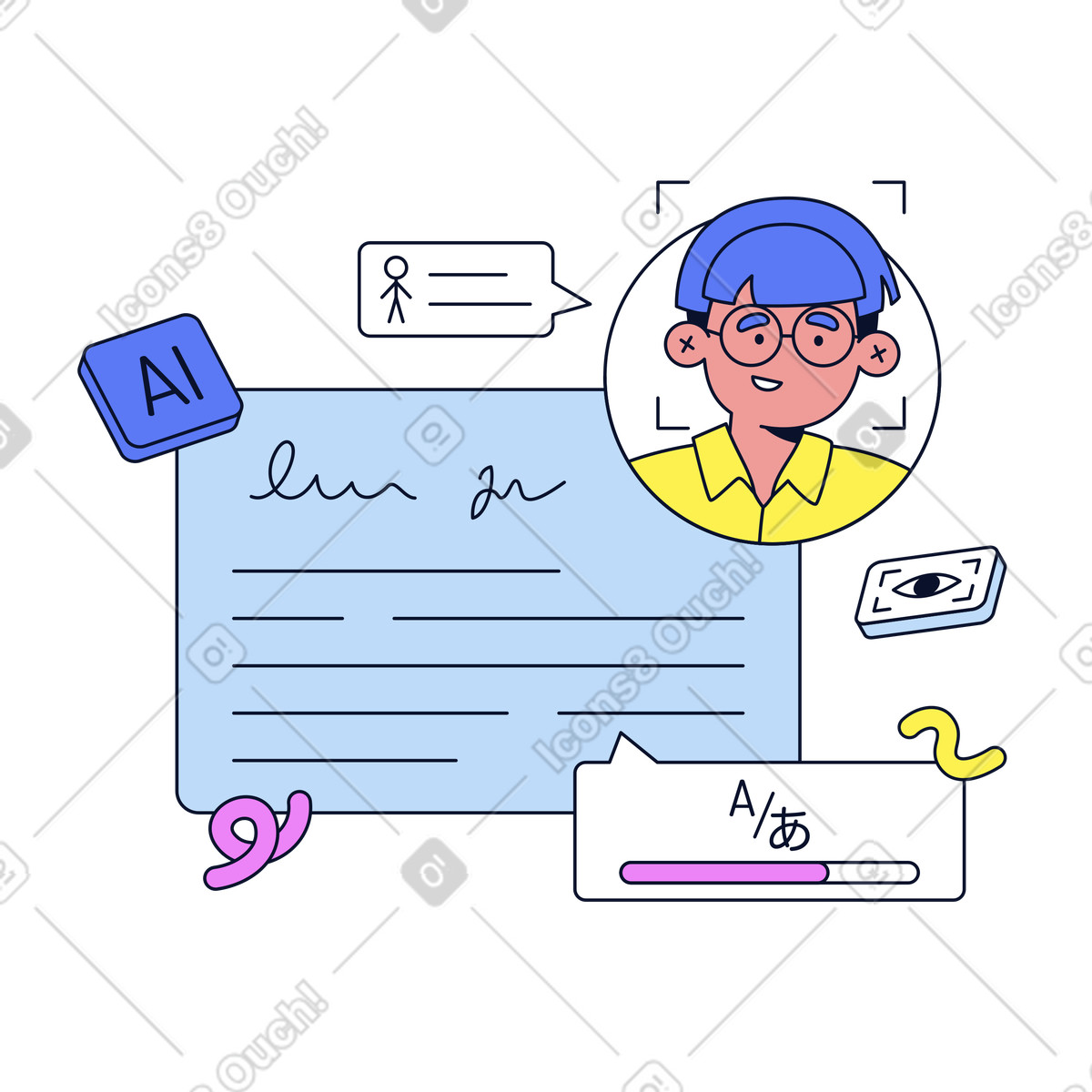 AI scanning handwritten text and human face, Multilingual OCR data recognition illustration in Flexy style download in PNG, SVG
