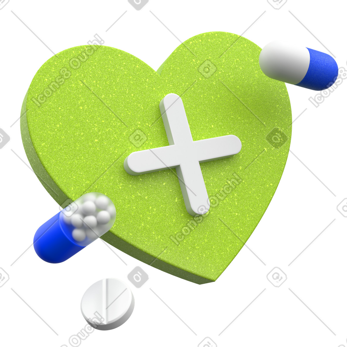 Illustration Santé et bien-être cardiaque, green heart en capsules, pharmacie médicale dans le style 3D Enterprise à télécharger aux formats PNG, SVG