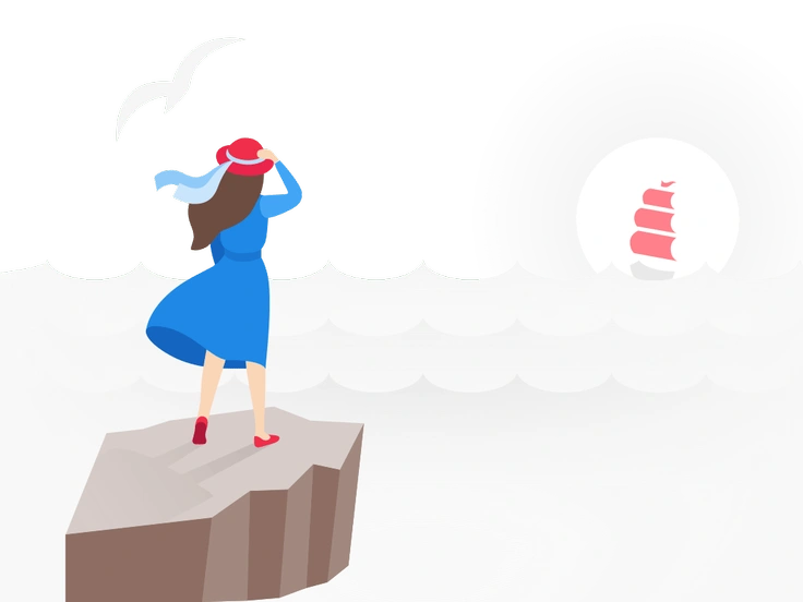 A woman standing on a rock by the sea - Fogg style illustration
