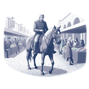 A figure resembling Boromir is mounted on a majestic horse. The horse is large and powerful, with a flowing mane and a strong build, showcasing its noble stature. The market scene is bustling with activity, filled with various stalls displaying goods such as fruits, vegetables, and colorful fabrics. People are engaged in conversation, some are bargaining, while others are admiring the wares. The cobblestone ground is lined with shoppers and vendors, creating a vibrant atmosphere. In the background, there are buildings with archways and banners, adding to the lively scene.