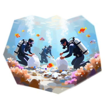 An underwater scene depicting several scuba divers in wetsuits actively collecting plastic waste from the ocean floor. The divers are equipped with nets and bags, focused on their task as they gather various pieces of plastic debris. Surrounding them, a variety of colorful fish swim gracefully, including bright clownfish, sleek angelfish, and vibrant parrotfish. The soft sunlight filters through the water, illuminating the scene and highlighting the contrast between the divers and the lively marine life. Coral reefs can be seen in the background, adding to the richness of the underwater environment.