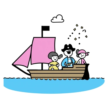 A small wooden ship with bright red sails is sailing on the open sea. A group of three cheerful pirate kids is on board. The first kid, wearing a black eye patch and a striped shirt, is at the helm, steering the ship with a big smile. The second kid, with a bandana and a wooden sword, is standing on the deck, pretending to look out for treasure. The third kid, wearing a pirate hat and a colorful vest, is sitting on the edge of the ship, laughing and throwing confetti into the air. The sea is calm with gentle waves and the sky is clear with a few fluffy white clouds.