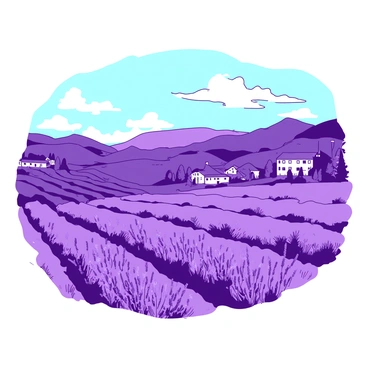 A vibrant landscape featuring expansive fields of lavender stretching across the foreground. The lavender blooms are rich and abundant, creating a sea of purple under the bright sun. In the background, the rolling hills of the French Riviera rise majestically, dotted with lush greenery and a few elegant houses nestled among the hills. The sky above is clear with a soft gradient, casting gentle light over the scene. The total composition captures the beauty of nature in harmony, with the lavender fields leading the eye towards the scenic hills.