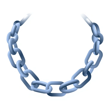 A unique necklace crafted from polished bike chain links is displayed prominently. The necklace features interlocking chain links that shine with a metallic luster, showcasing a smooth, reflective surface. Each link is meticulously shaped, creating a seamless flow around the neck. The chain is set against a simple, neutral background to emphasize its design. The light catches the edges of the chain links, creating subtle highlights and shadows that enhance the texture and details of the polished metal.