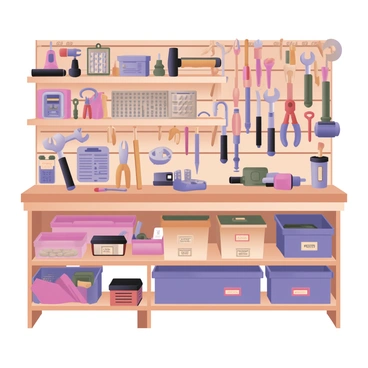 A well-organized inventory of tools arranged neatly on shelves in a workshop.