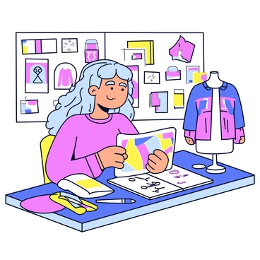 A girl with long, wavy hair is sitting at a table, surrounded by fabric swatches of various bright colors and patterns. She is holding a sketchbook open in front of her, filled with colorful designs and outfit ideas. There are scissors and a sewing kit on the table, along with a small mannequin showcasing a partially completed outfit. The background features a bulletin board filled with inspiration images and notes. The girl looks focused and creative as she experiments with her outfit designs.