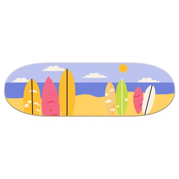 A skateboard deck featuring a rectangular shape with rounded edges. The surface is adorned with a vintage surfing scene, showcasing a bright blue ocean and golden sandy beach. In the foreground, classic surfboard illustrations in various colors are positioned, including shades of red, yellow, and blue. Each surfboard has unique patterns and designs, adding to the nostalgic feel of the scene. The background includes stylized waves curling towards the shore under a clear blue sky with a few fluffy white clouds.