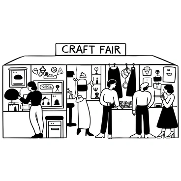 A wide view of a craft fair with several booths, each displaying unique items made from recycled materials. One booth features a collection of colorful jewelry crafted from discarded plastic and metal pieces. Another booth showcases furniture made from reclaimed wood, arranged neatly with small signs describing each item's origin. There is a booth dedicated to clothing made from upcycled fabrics, with garments hanging on a rack. A third booth displays intricate sculptures made from old electronics and machinery parts. People are browsing the booths, examining the items with interest, while some are engaged in conversations with the artisans. "Craft Fair" is written prominently above the entrance.