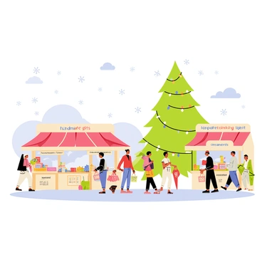 A December calendar page featuring a bustling holiday market. The page has a vibrant illustration of various stalls decorated with colorful lights. Each stall is selling different items, such as "handmade gifts," "seasonal treats," and "ornaments." People of diverse backgrounds are walking around, some carrying shopping bags filled with goodies. Snowflakes are gently falling from the sky, and a large evergreen tree adorned with "twinkling lights" stands prominently in the background. The overall scene conveys a lively holiday atmosphere.
