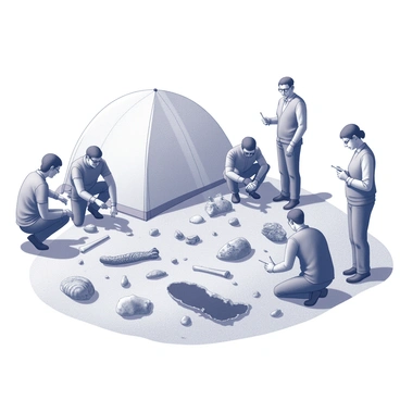 A group of paleontologists is actively engaged in excavating fossils at a dig site. They are using various tools such as brushes and small picks to gently remove dirt and debris from around the fossilized remains. The setting includes a large area of exposed soil with rocks scattered throughout. Some paleontologists are on their knees, closely examining the fossils, while others stand nearby, discussing their findings. A large excavation tent is visible in the background, providing shade for their work. Various fossils, including bones and shells, are partially uncovered, showcasing the intricate details of ancient life.