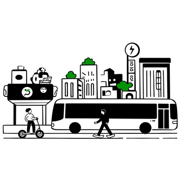A group of electric buses lined up at a modern bus stop, with their sleek designs highlighted against the background of a bustling cityscape. Several individuals are seen using electric scooters, zipping by on a designated scooter lane. "City Initiative" is prominently displayed on a banner above the bus stop, accompanied by icons representing public transportation and sustainability. Electric charging stations are visible nearby, emphasizing the eco-friendly theme of the city initiative. Buildings with green rooftops are in the background, contributing to the urban landscape.