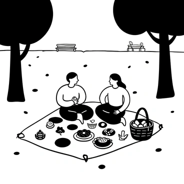 A couple having a delightful picnic in a sunny park, surrounded by trees and a checkered blanket.