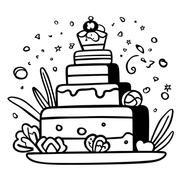 A mural depicting "a giant torte" with layers stacked high, surrounded by "intricate decorative elements" like swirling patterns and abstract shapes. There are "ornate flowers" and "delicate swirls" embellishing the sides of the torte. "Various toppings" such as fruits, nuts, and frosting textures are placed on top, enhancing the visual complexity. Additionally, "whimsical designs" like stars and hearts are integrated into the backdrop, creating a lively and festive atmosphere around the torte.