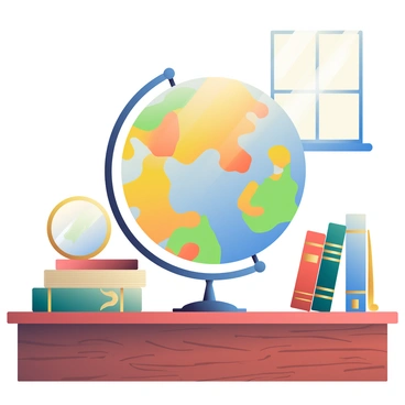 A classic globe with detailed topography is placed on a polished wooden desk. The globe features vibrant colors representing different countries and oceans. Surrounding the globe are several old books with worn leather covers and gilded titles, stacked neatly to one side. A large, round magnifying glass with a brass handle rests on the desk, reflecting light from a nearby window. The rich grain of the wooden surface adds warmth to the scene, creating an inviting study atmosphere.