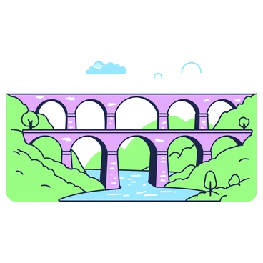 An ancient aqueduct spans across a deep valley, supported by a series of large arches that create a majestic structure. The aqueduct is made of stone, with weathered textures visible on the surface, indicating its age. Below, a river flows gently through the valley, reflecting the sunlight. Surrounding the aqueduct are lush green hills, with a few scattered trees dotting the landscape. The sky above is clear with a few wispy clouds, enhancing the serene atmosphere of the scene.