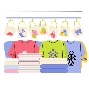 A store interior showcasing a variety of merchandise. There are several bags hanging on display, each featuring colorful illustrations of animals and nature. In front of the bags, neatly folded shirts are stacked, with bold graphic designs prominently displayed on the front. The store has bright lighting that highlights the vibrant colors of the merchandise, creating an inviting atmosphere for shoppers.