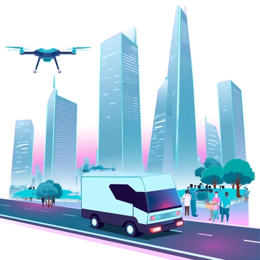 A futuristic city skyline with tall, sleek buildings made of glass and metal. Several driverless delivery trucks with streamlined designs are moving along wide roads, equipped with advanced sensors and lights. Above, drones with propellers are flying smoothly, carrying packages and scanning the surroundings. The streets are bustling with people, some using handheld devices to track their deliveries. Green spaces with trees and plants are integrated into the urban environment, showcasing a balance between technology and nature. The sky is clear with a hint of vibrant colors from a distant sunset.