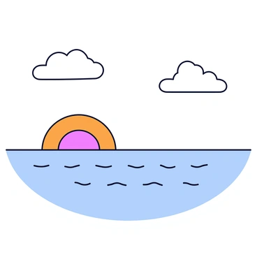 A horizon with the first light of sunrise in soft shades of orange and pink. The sun is partially visible, rising above a calm sea that reflects these colors. Gentle waves ripple across the water's surface, creating a smooth texture. The sky is clear with a few fluffy white clouds scattered. The scene conveys a sense of tranquility and new beginnings.