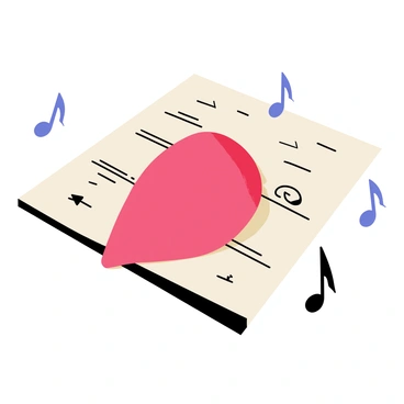 A close-up of a guitar pick with a vibrant red color resting on a sheet of music. The sheet music features black notes and symbols printed on a white background. Surrounding the pick, several floating musical notes are illustrated in various sizes and orientations, enhancing the musical theme of the composition.