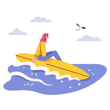 A surfer girl sitting on a bright yellow surfboard on a calm ocean. She has long, flowing hair that dances in the breeze. Her expression is thoughtful as she gazes out at the gentle waves rolling in. The sky is clear with a few fluffy white clouds scattered throughout. The sunlight reflects off the water, creating sparkles around the surfboard. In the distance, a small seagull is flying above the waves.